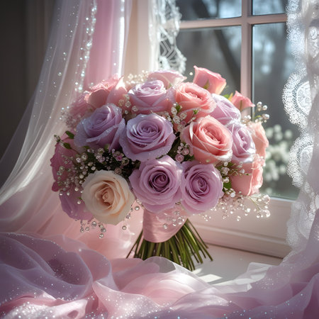 Bridal bouquet of pink roses on the windowsill.の素材