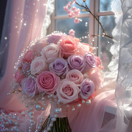 Wedding bouquet of pink and white roses on the windowsillの素材