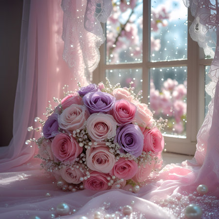Wedding bouquet of pink and purple roses on the windowsillの素材