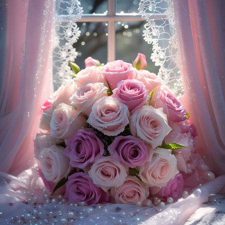 Wedding bouquet of pink roses on the windowsill.の素材