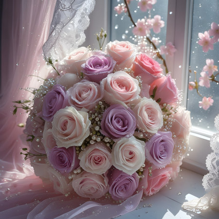 Wedding bouquet of pink and white roses on the windowsillの素材