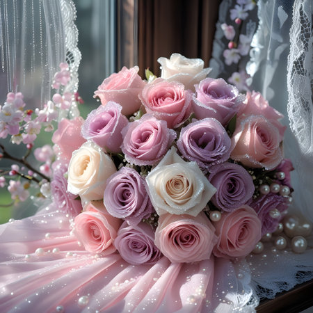 Wedding bouquet of pink and white roses on the windowの素材