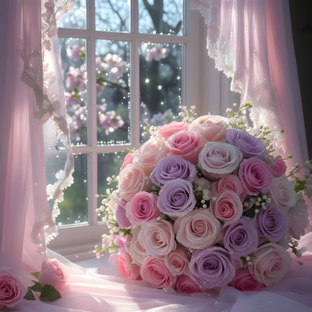 Wedding bouquet of pink and white roses in the windowの素材