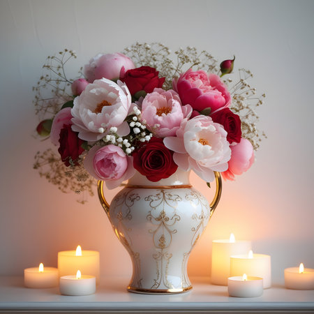 Beautiful bouquet of peonies in a vase and burning candlesの素材