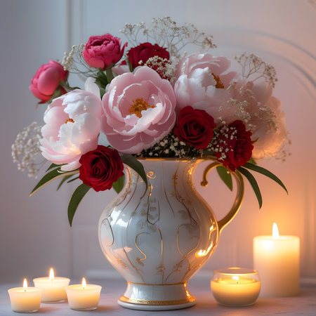 Beautiful bouquet of peonies in vase and burning candles on light backgroundの素材