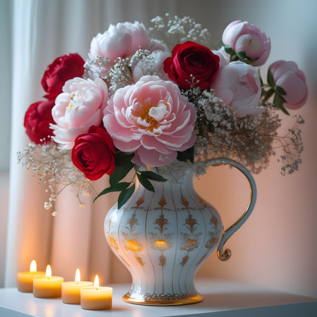 Bouquet of peonies in a vase and burning candlesの素材