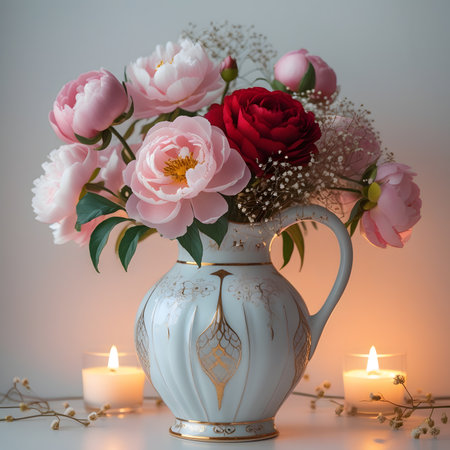 Bouquet of peonies in a vase and burning candlesの素材