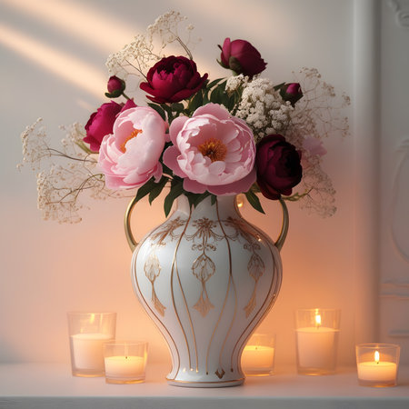 Bouquet of peonies in a vase and burning candlesの素材