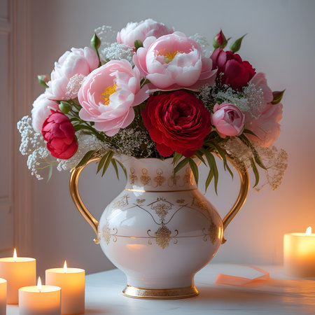 Beautiful bouquet of peonies in a vase with candlesの素材