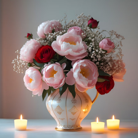 Beautiful bouquet of peonies in vase with burning candlesの素材