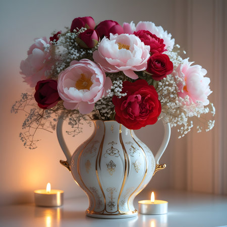 Beautiful bouquet of peonies in a vase and candlesの素材
