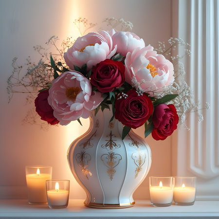 Bouquet of peonies in a vase and burning candlesの素材
