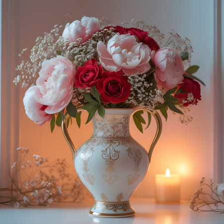 Bouquet of red and white peonies in a vase on the tableの素材