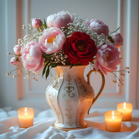 Bouquet of peonies in a vase and burning candles.の素材