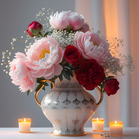 Bouquet of peonies in a vase with candles in the backgroundの素材