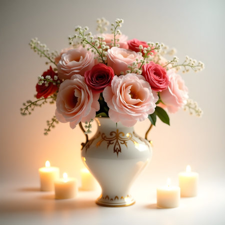 Bouquet of pink roses in a vase with burning candlesの素材