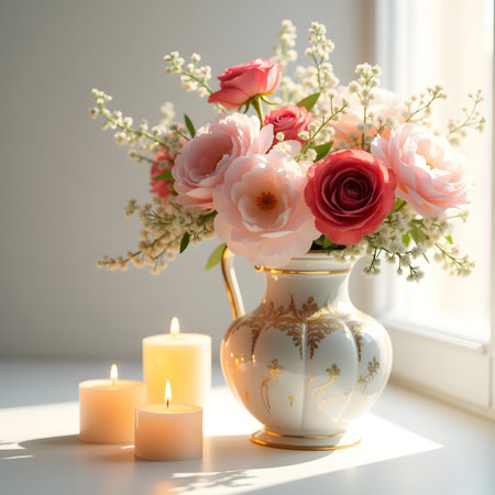 Bouquet of pink roses and white gypsophila in vase with burning candles on windowsillの素材