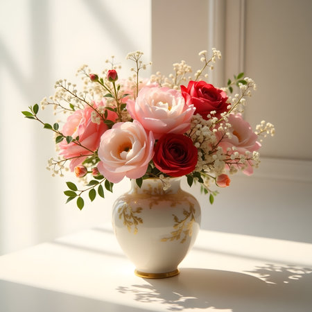 Bouquet of roses in a vase on a windowsillの素材