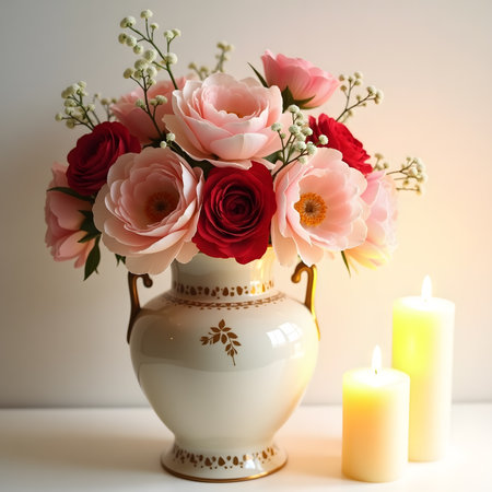 Bouquet of roses in a vase with candles on the backgroundの素材