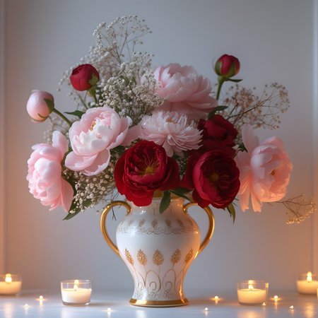 Beautiful bouquet of peonies in a vase and burning candles.の素材