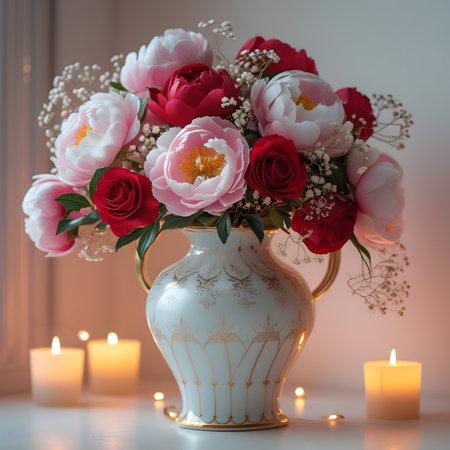 Bouquet of red and white peonies in a vase with candlesの素材