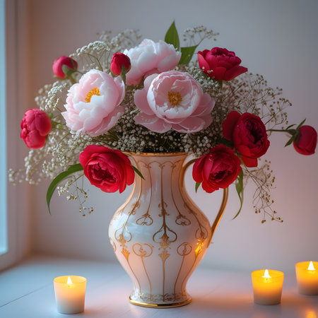 Beautiful bouquet of peonies in a vase and burning candlesの素材