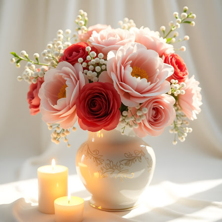 Bouquet of beautiful flowers in vase on table in roomの素材