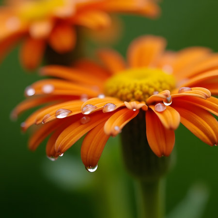 Macro shot of orange daisy flower with water drops on petalsの素材