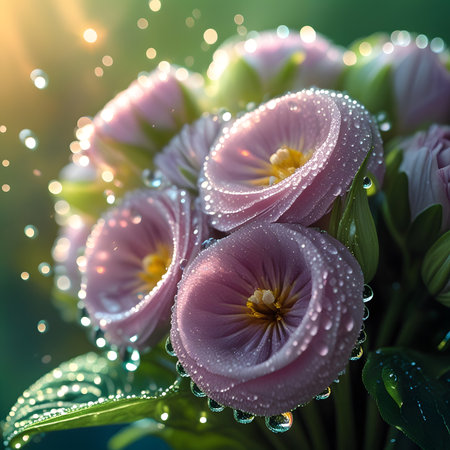 Bouquet of pink flowers with dew drops on a green backgroundの素材