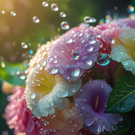 Beautiful bouquet of colorful flowers with water drops on a green background.の素材
