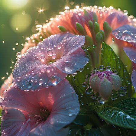 Bouquet of pink flowers with dew drops close up.の素材