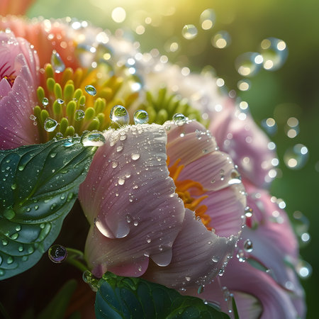 Beautiful flowers with drops of water on a green background. Nature.の素材