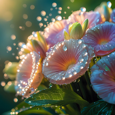 Beautiful spring flowers with dew drops on bokeh backgroundの素材