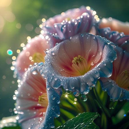 Bouquet of tulips with dew drops on bokeh backgroundの素材