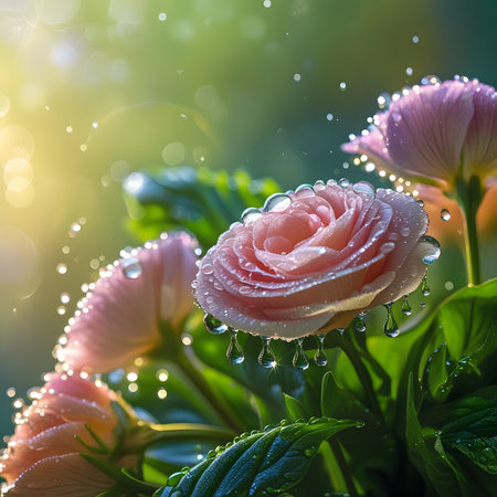 Water droplets on beautiful pink flowers with green leaves on bokeh backgroundの素材
