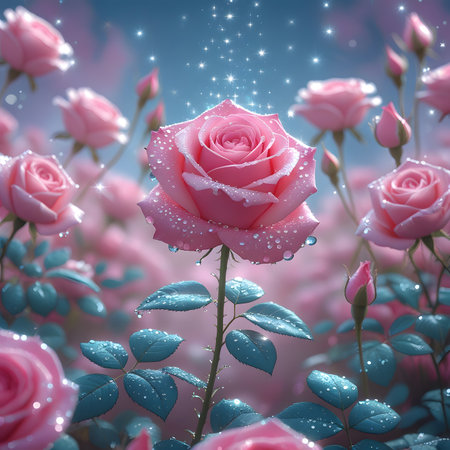 Pink rose with water drops on blue background. 3D illustration.の素材