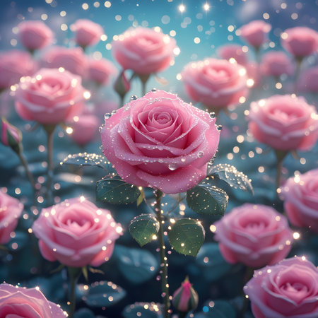 Beautiful pink rose flowers with dew drops on blue background.の素材