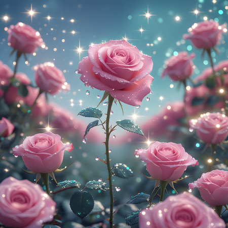 Pink roses on a background of blue sky with stars and bokehの素材