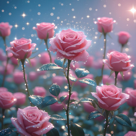 Beautiful pink roses with water drops and bokeh lights on blue backgroundの素材