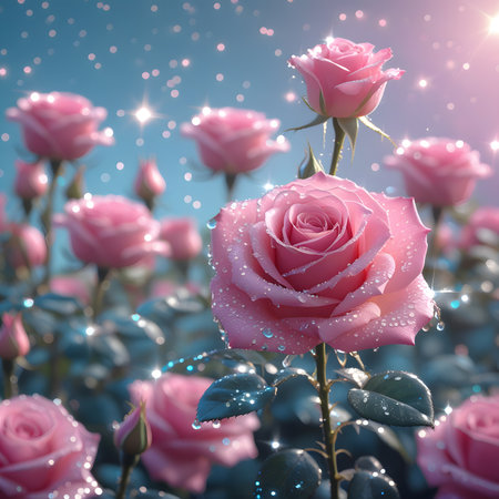 Beautiful pink rose flowers with water drops on blue sky background.の素材
