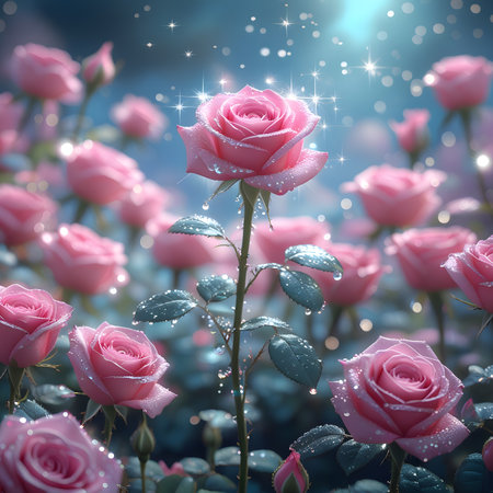 Pink roses with beautiful bokeh lights. 3D illustration.の素材