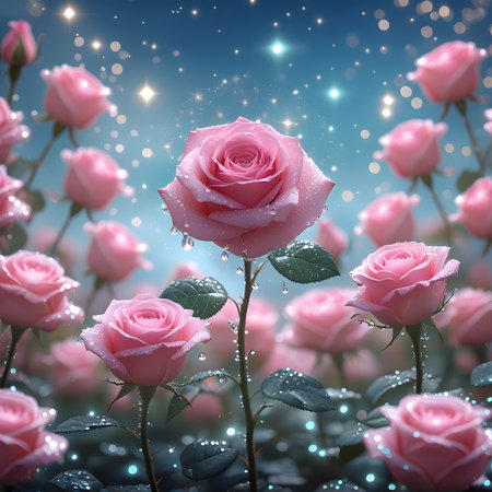 Romantic background with pink roses and bokeh lights. 3D illustration.の素材