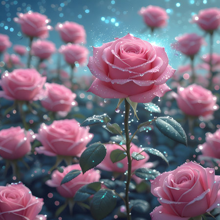 3d illustration of pink roses with bokeh effect and lightの素材