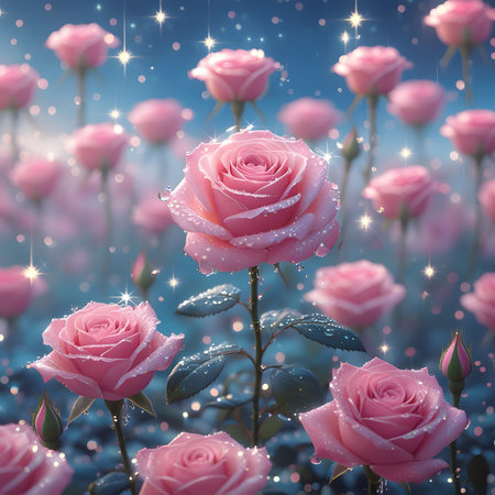 Pink roses on a background of blue sky with stars. 3D renderingの素材