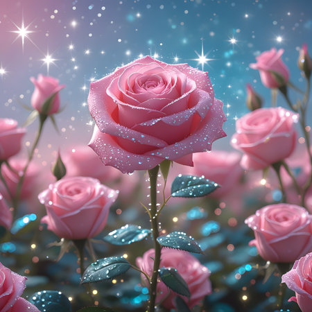 3d illustration of pink rose with bokeh lights and starsの素材