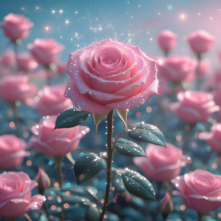 Beautiful pink rose on a blue background with bokeh effectの素材