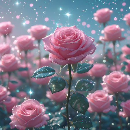 Beautiful pink rose with water drops on blue background, 3d illustrationの素材