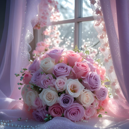 Wedding bouquet of pink and white roses on the windowの素材