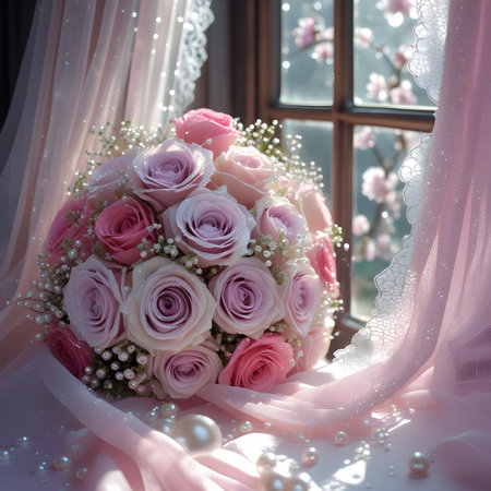 Bridal bouquet of pink roses and white pearls on the windowの素材