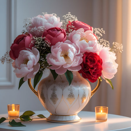 Bouquet of beautiful peonies in vase on table indoorsの素材